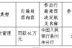 德化縣農(nóng)村信用合作聯(lián)社被罰41萬元：違反金融統(tǒng)計管理規(guī)定
