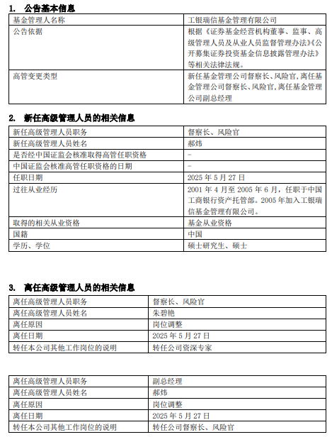 工銀瑞信基金高管變更：副總經(jīng)理郝煒轉任督察長、風險官  朱碧艷轉任公司資深專家